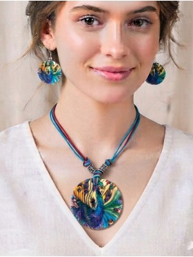 Fashion Peacock Print Shell Necklace and Earrings Set